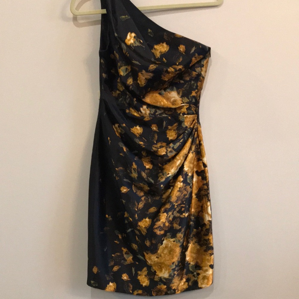 Black, gold and green one strap mid length dress